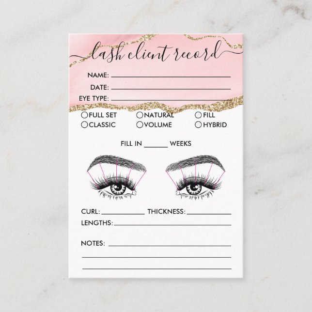 Lash Client Record Add Logo Blush Pink Agate Busin Business Card (Front)