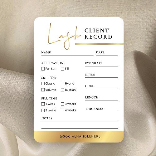 Lash Client Record Form White  Gold Lashes Salon Business Card