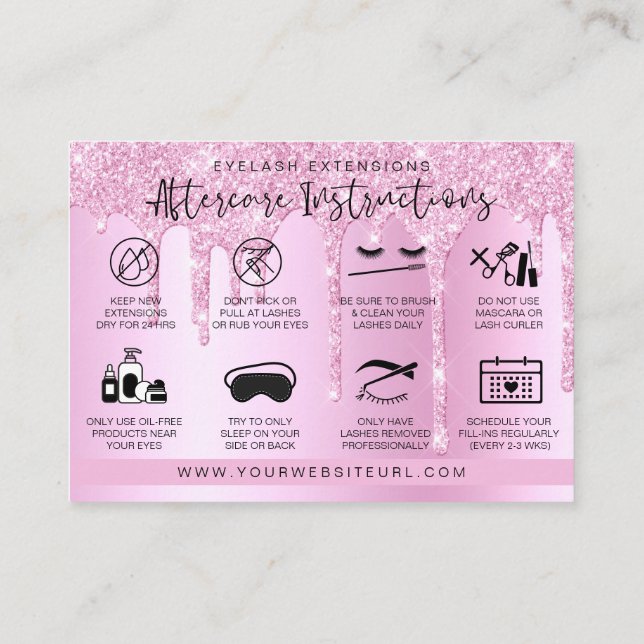Lash Extension Aftercare Pink Dripping Glitter Business Card (Back)