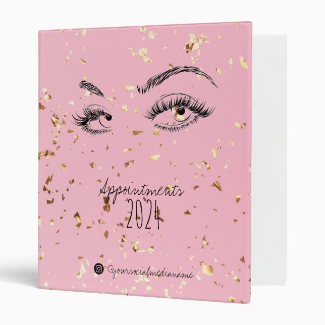 Lash extension Makeup Gold Glitter Appointments 3 Ring Binder (Front/Inside)