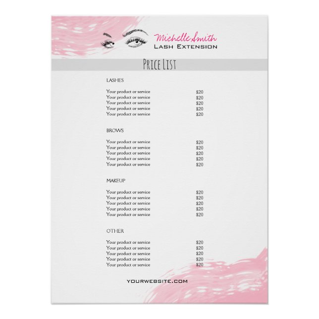 Lash extension Minimalist Lash Services Price List Poster (Front)