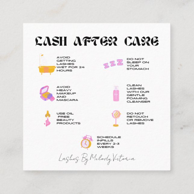 Lash Extensions After Care Icons  Square Business Card (Back)