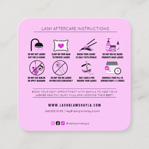 Lash Extensions Aftercare Fuchsia Pink Square Business Card
