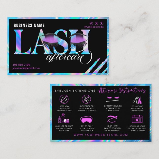 Lash Extensions Aftercare Holographic Glitter Eyes Business Card (Front/Back)