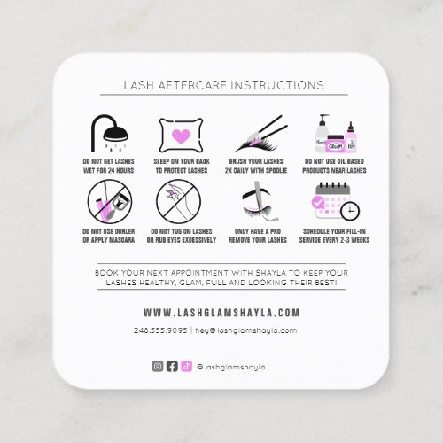Lash Extensions Aftercare Instructions Fuchsia Squ Square Business Card