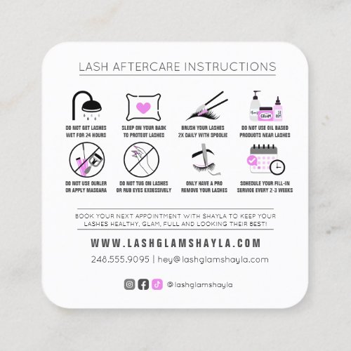 Lash Extensions Aftercare Instructions Fuchsia Squ Square Business Card