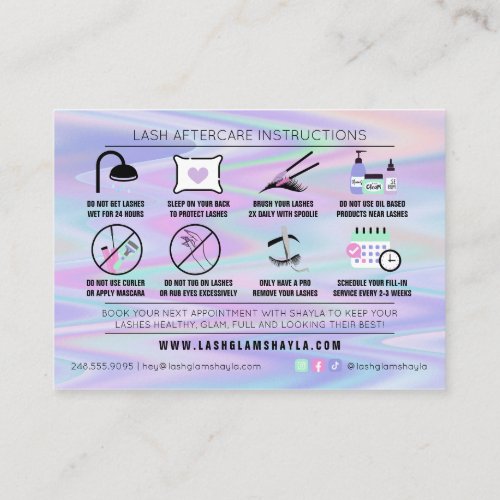 Lash Extensions Aftercare Instructions Holographic Business Card