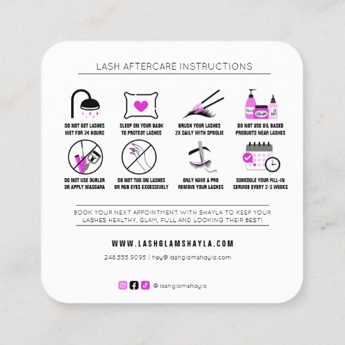 Lash Extensions Aftercare Instructions Hot Pink Sq Square Business Card