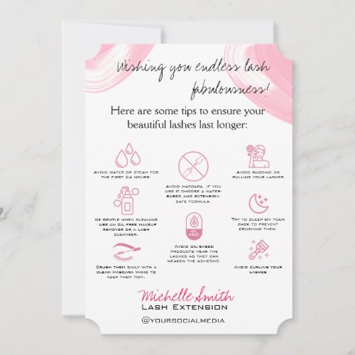 Lash extensions Aftercare Instructions Icon Pink Thank You Card