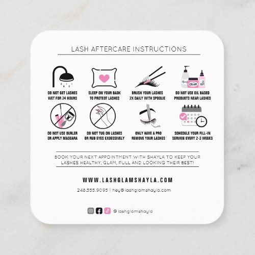 Lash Extensions Aftercare Instructions Pink Black Square Business Card