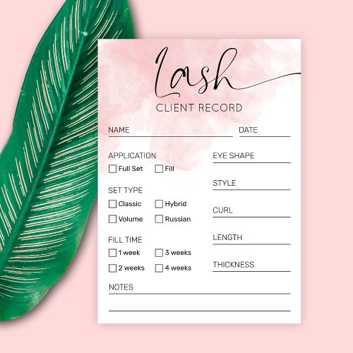 Lash Extensions Client Form Blush Watercolor Salon Business Card