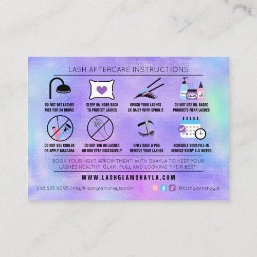 Lash Extensions Holographic Aftercare Instructions Business Card