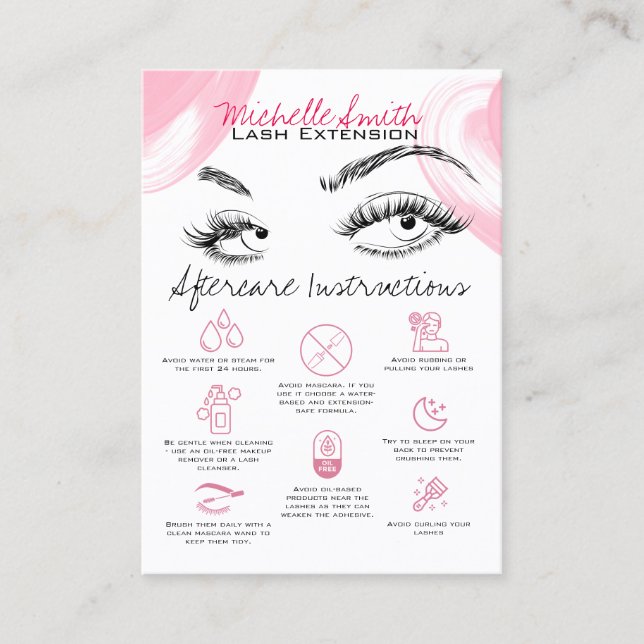Lash extensions Pink Aftercare Refer a friend Business Card (Front)