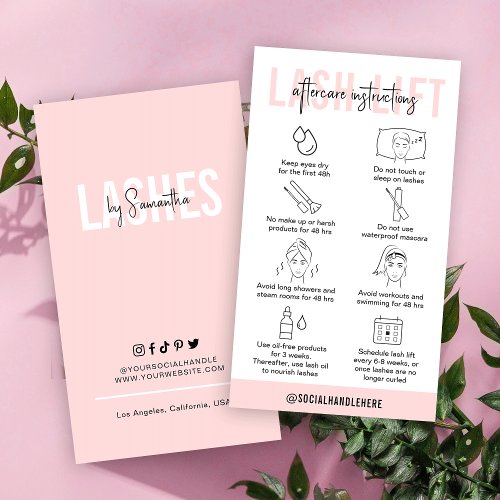 Lash Lift Aftercare Instructions Blush Pink Salon Business Card
