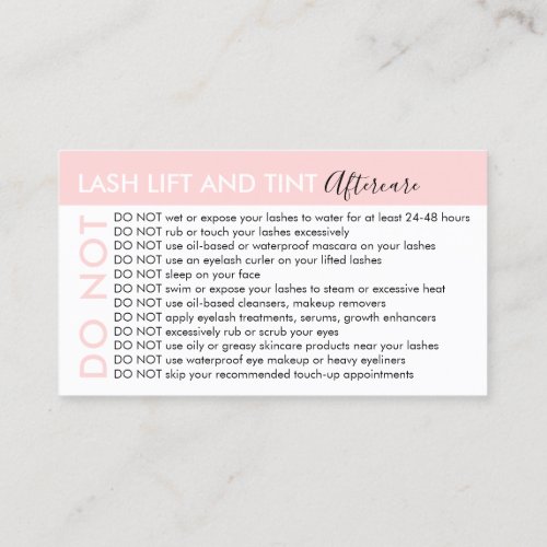 Lash Lift and Tint Avoids Advices Aftercare Business Card