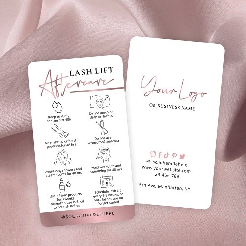 Lash Lift  Tint Aftercare Guide Bronze Rose Gold Business Card