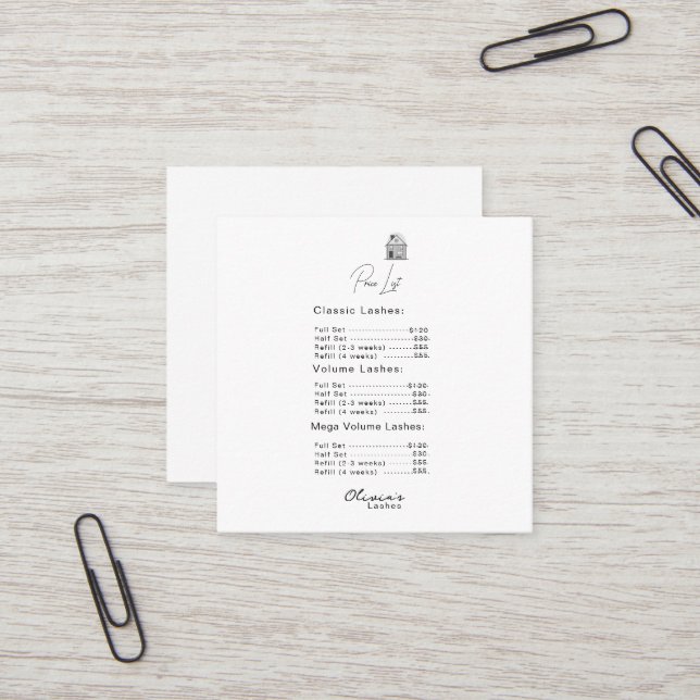 Lash lounge Simple White price list Square Business Card (Front/Back In Situ)