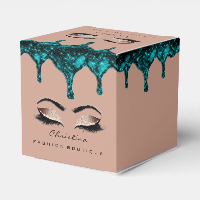 Lash Makeup Logo Glitter Teal Drips Boutique Rose Favor Boxes (Back Side)