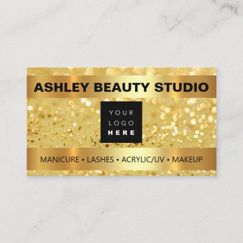 Lash Makeup Nail Stylist Custom Logo Gold Glitter Business Card