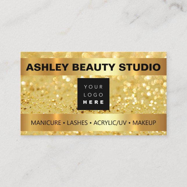 Lash Makeup Nail Stylist Custom Logo Gold Glitter Business Card (Front)