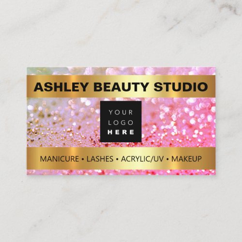 Lash Makeup Nail Stylist Logo Gold Glitter Pink Business Card