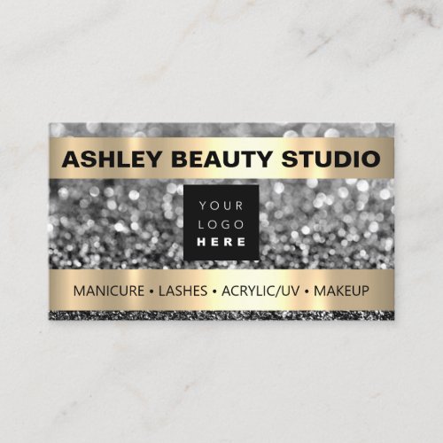 Lash Makeup Nail Stylist Logo Gray Silver Glitter Business Card