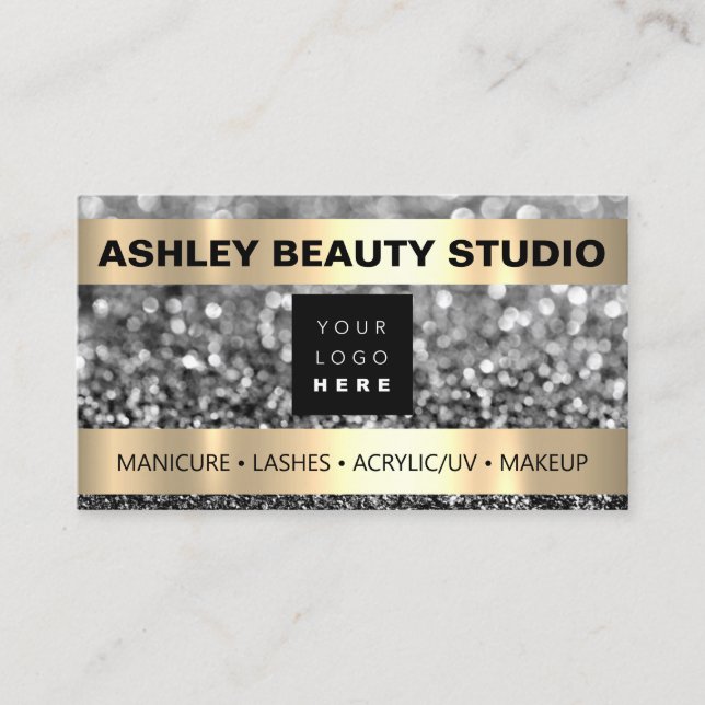 Lash Makeup Nail Stylist Logo Gray Silver Glitter Business Card (Front)