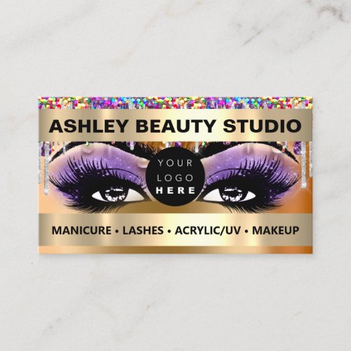Lash Makeup Nails Logo Holograph Pink Glitter Business Card