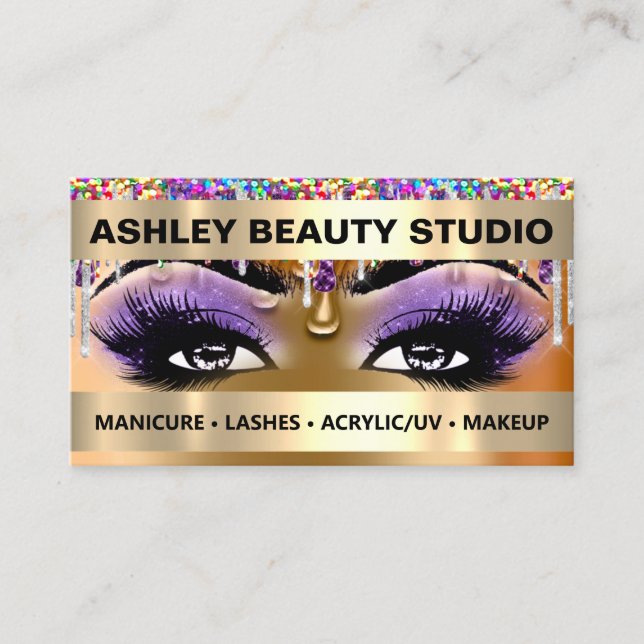 Lash Makeup Nails Logo Holograph Rose Glitter Business Card (Front)