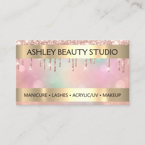 Lash  Nail Stylist Logo Glitter Rose Holograph Business Card