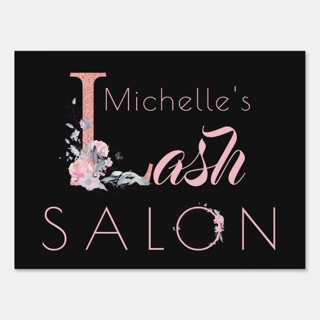 Lash salon your name floral glitter pink black sign (Front)