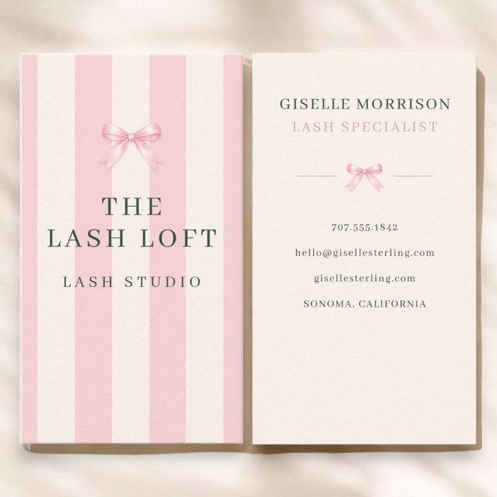 Lash Specialist Pink And Green Striped Preppy Bow Business Card