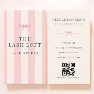 Lash Specialist Pink Green Striped Bow QR Code Business Card