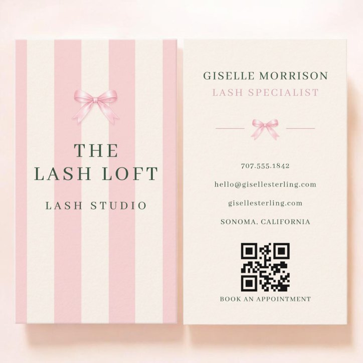 Lash Specialist Pink Green Striped Bow QR Code Business Card