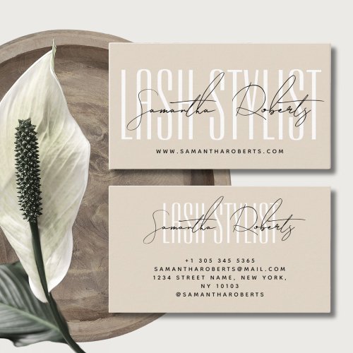 Lash stylist modern typography light tan business card