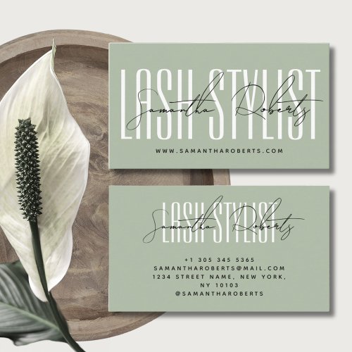 Lash stylist modern typography sage green business card