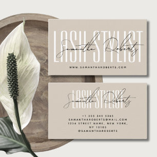 Lash stylist modern typography script beige business card