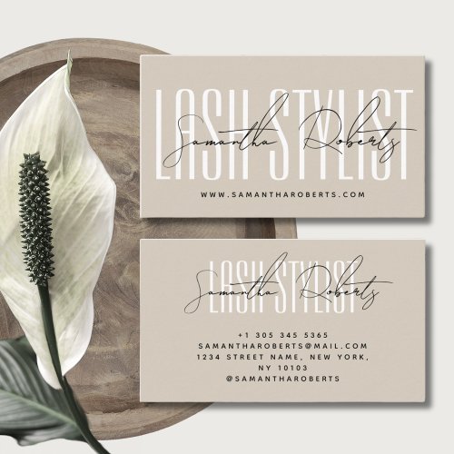 Lash stylist modern typography script beige business card