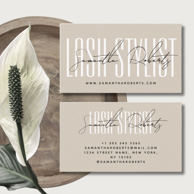 Lash stylist modern typography script beige business card (Creator Uploaded)