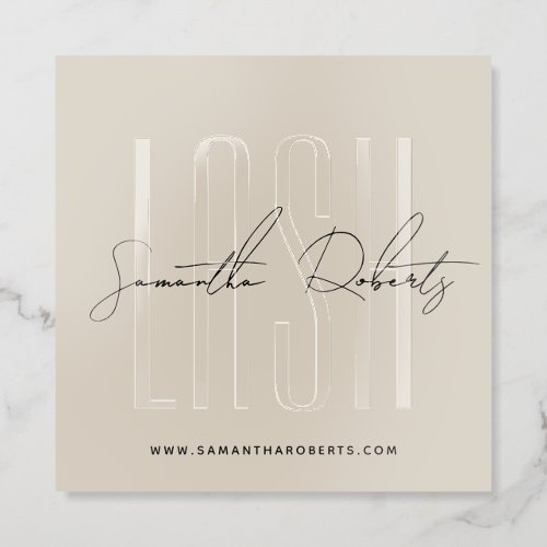 Lash stylist modern typography script beige raised spot UV business card