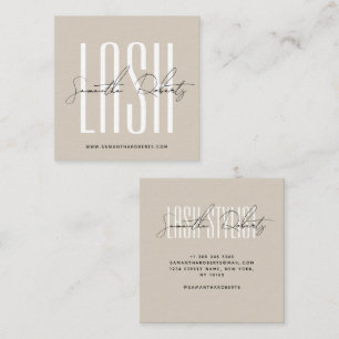Lash stylist modern typography script beige square business card