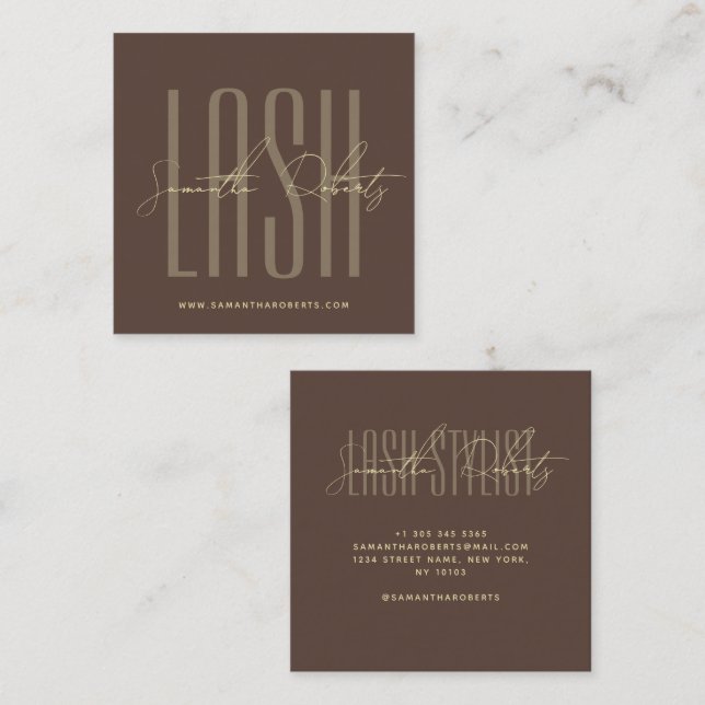 Lash stylist modern typography script brown square business card (Front/Back)