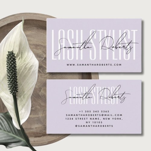 Lash stylist modern typography script lavender business card