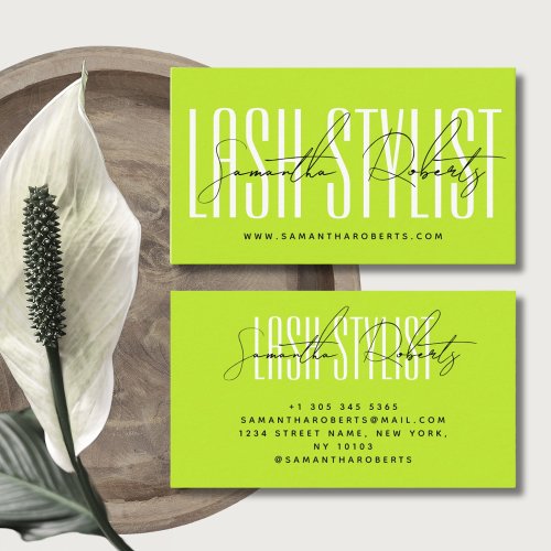 Lash stylist modern typography script neon green business card