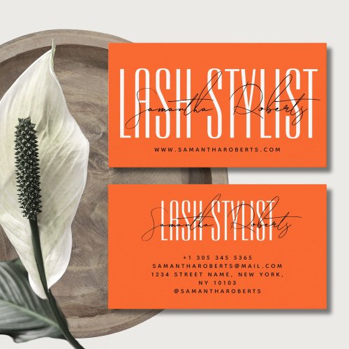 Lash stylist modern typography script neon orange business card