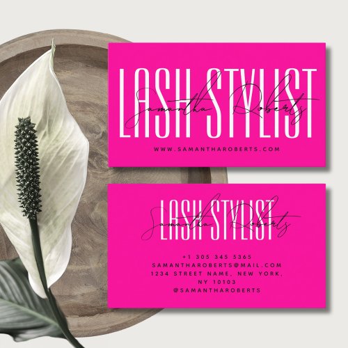 Lash stylist modern typography script neon pink business card