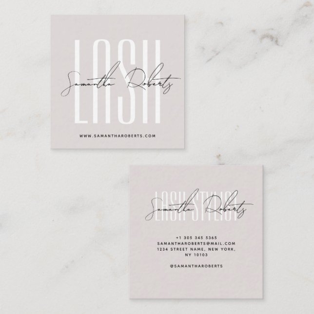 Lash stylist modern typography script pearl pink square business card (Front/Back)