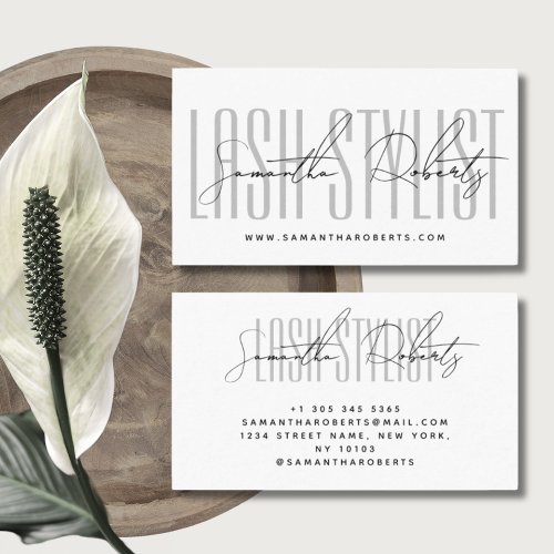Lash stylist modern typography script white business card