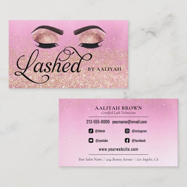 Lash Tech Pink Glam Gold Glitter Eyes Business Card (Front/Back)