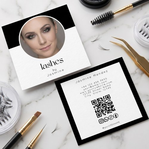Lash Tech QR Code Photo Socials Black White Square Business Card